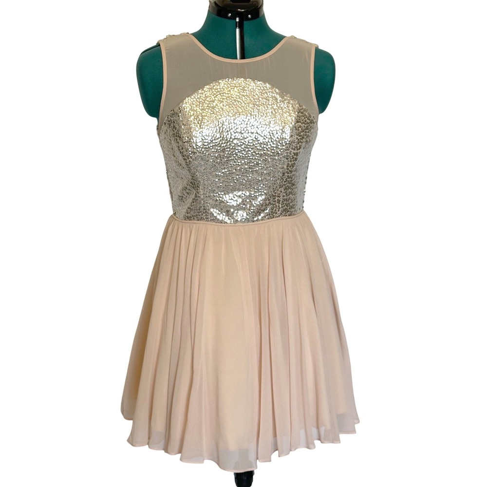 Jodi Kristopher Dress Sequin Bodice Chiffon Skirt 9 Pink Silver Fit Flare Mini‎